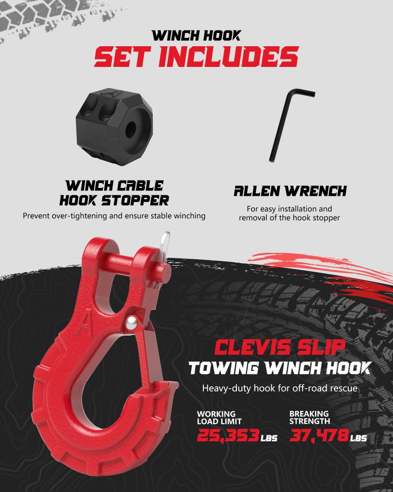 AMBULL 3/8" Winch Hook & Winch Cable Hook Stopper Sets, Heavy Duty Grade 70 Forged Steel Recovery Hook with Safety Latch, Included Allen Wrench,Max 37,478 Lbs, Red - Image 3